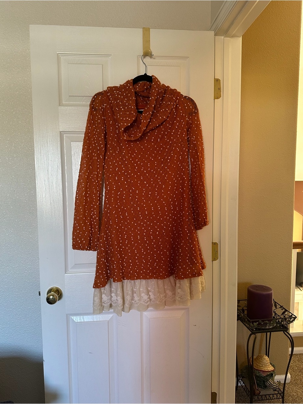 A'Reve Rust Pointelle Cowl-Neck Dress with Cream Lace Hem